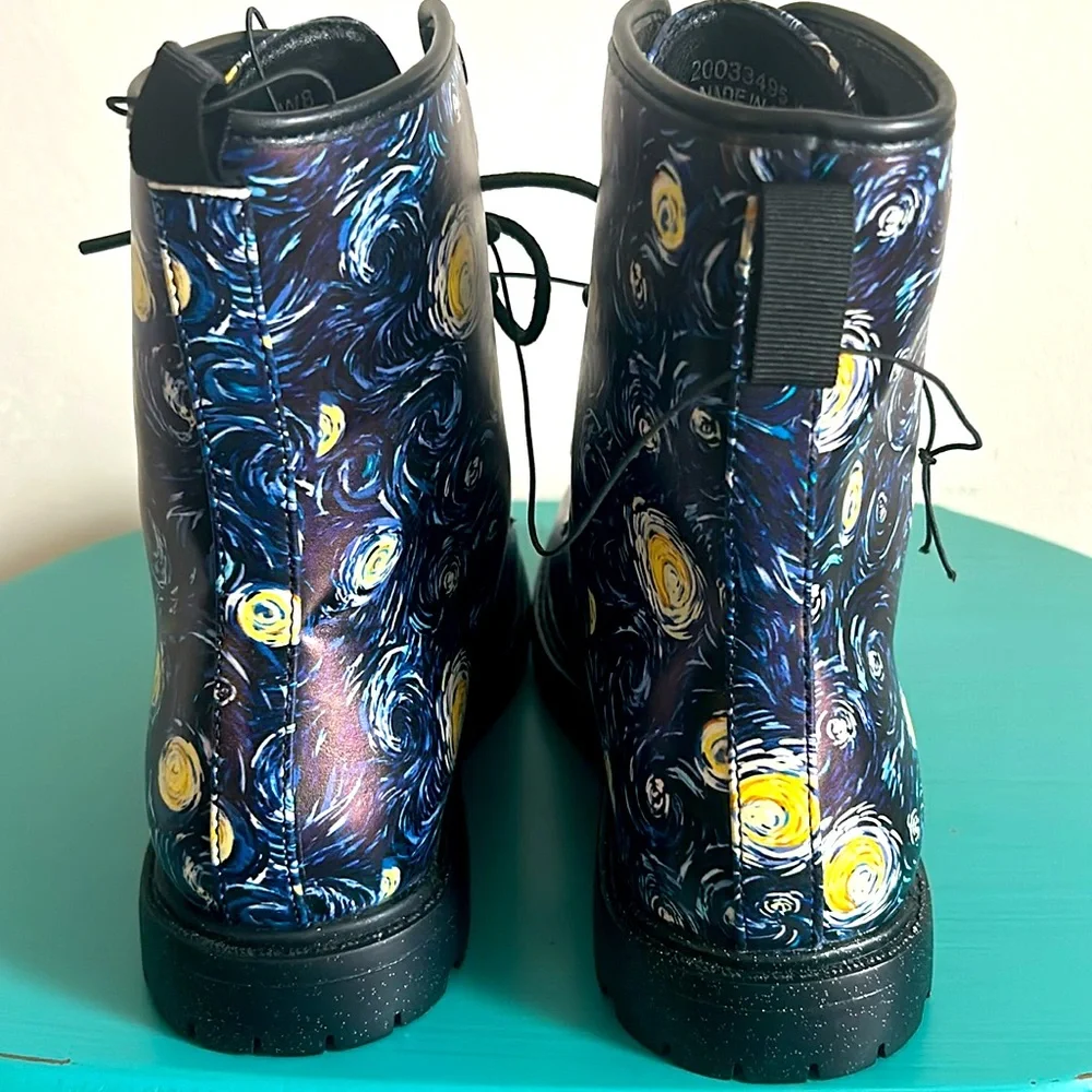New Starry Night Inspired Print Lace-Up Vegan Leather Combat Boots